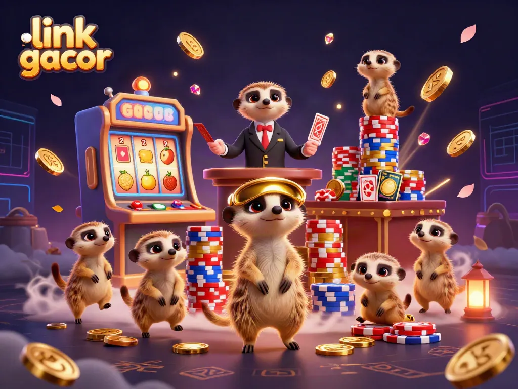 Menangkan permainan dengan link slot gacor dalam ilustrasi 3D lucu yang menunjukkan koloni meerkat di kasino.