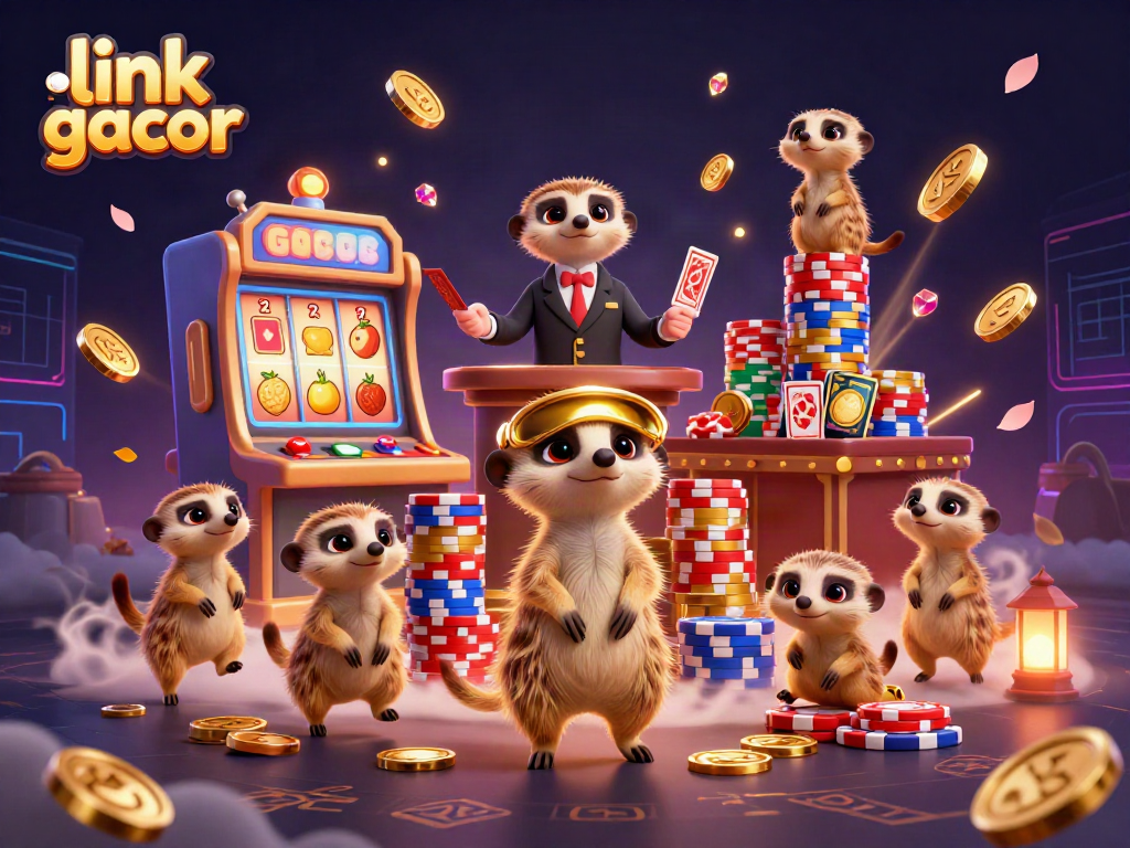 Menangkan permainan dengan link slot gacor dalam ilustrasi 3D lucu yang menunjukkan koloni meerkat di kasino.