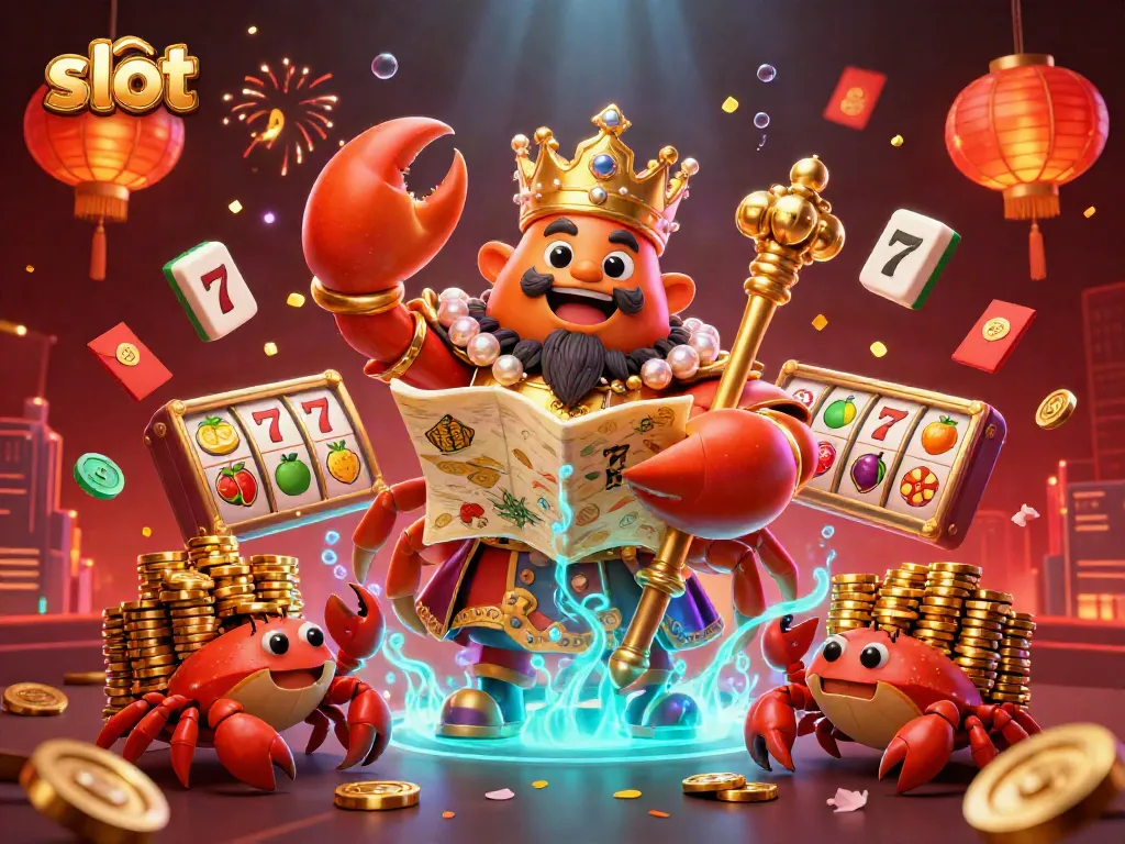 Play slot games with a golden crab emperor surrounded by vibrant casino elements in 3D art.