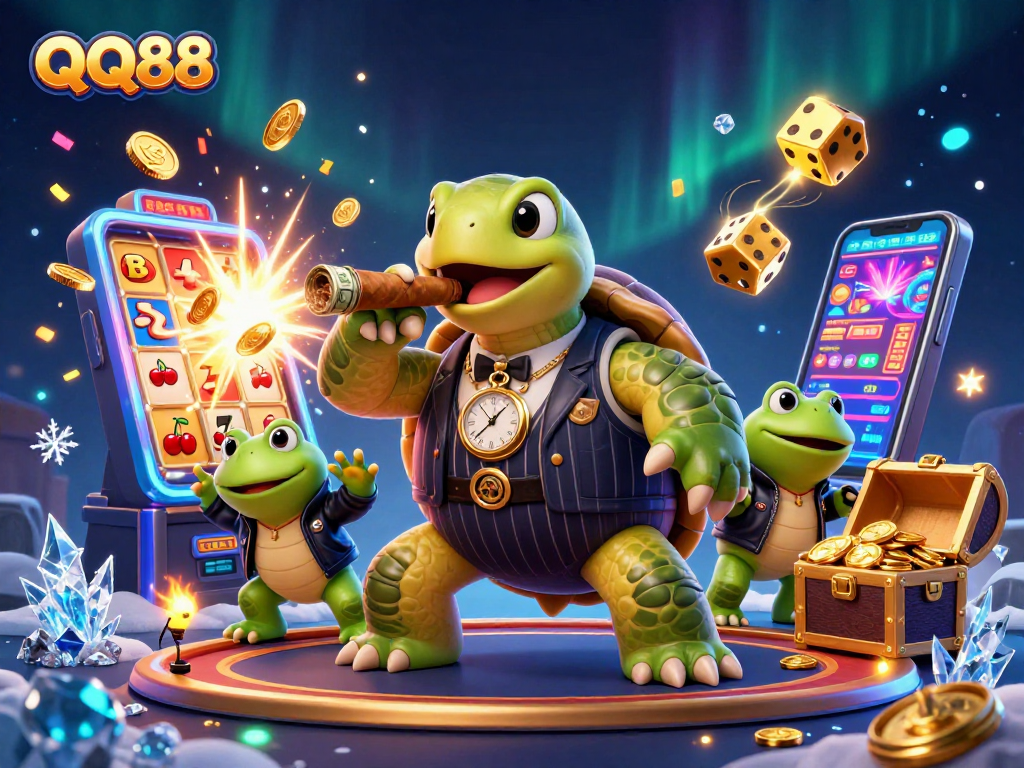 Experience excitement with QQ88 as a cartoon snapping turtle leads the casino scene with dynamic action.
