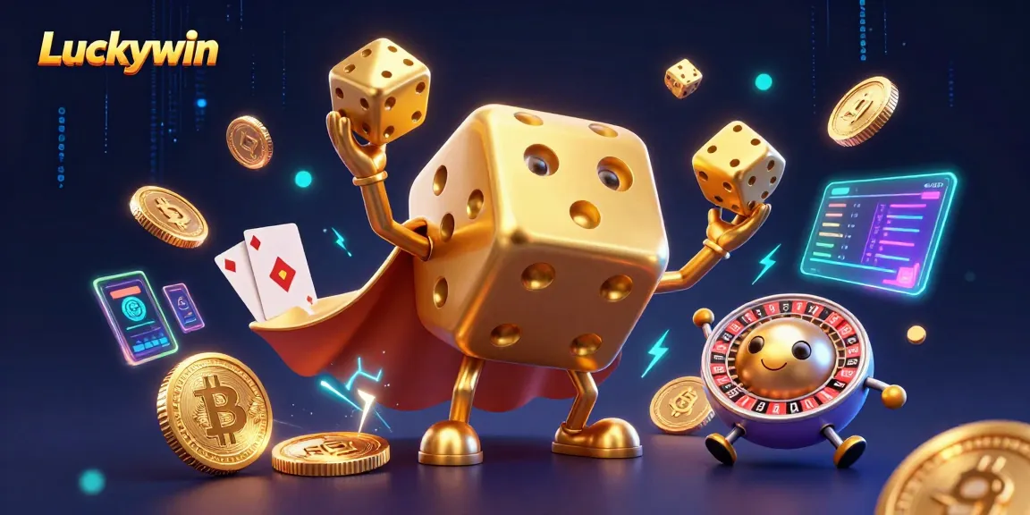 Luckywin showcases a vibrant casino atmosphere with golden dice golem and crypto elements.