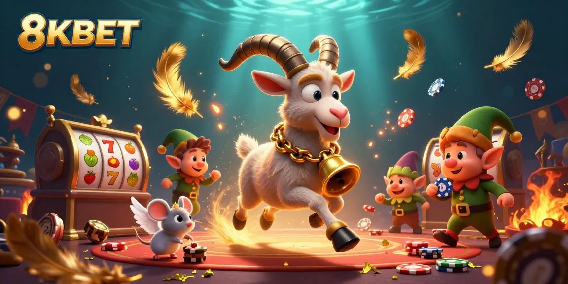 8KBET casino scene with a Krampus goat, angel mouse, and elf gremlins stealing poker chips.