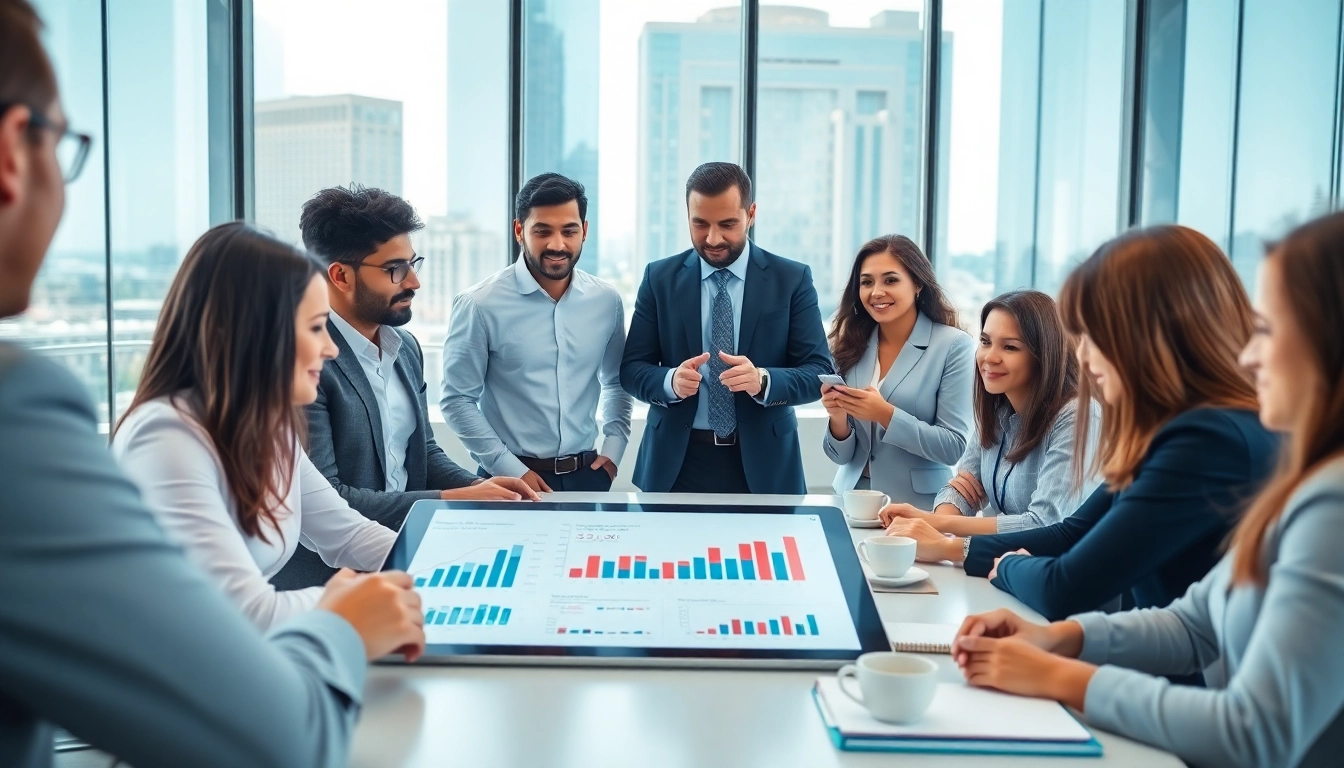Business professionals discussing uk merchant cash advance options in a vibrant office.
