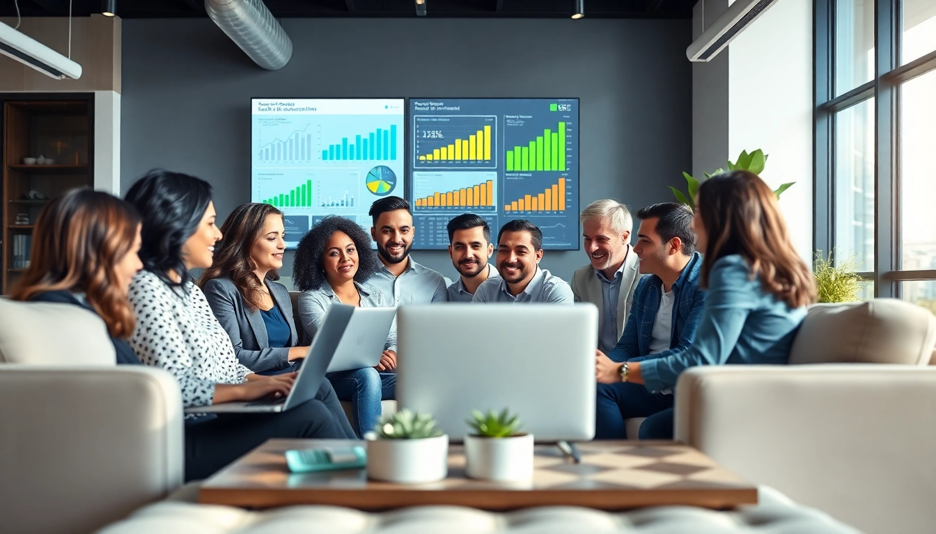 Visit website to see a dynamic digital marketing team collaborating in a modern office.