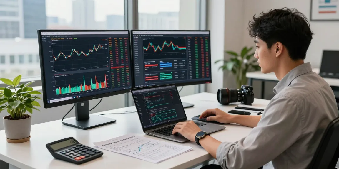 Data analyst reviewing TWSE exchange data feed in a modern finance workspace.