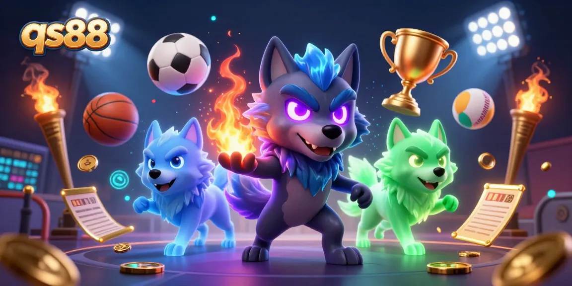 Engage in thrilling gameplay at qs88 with a motion-filled scene of dynamic sports betting elements and vibrant characters.
