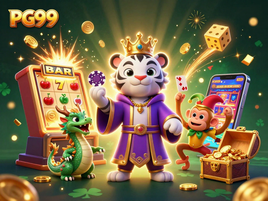 Win big with PG99 at this vibrant casino illustration featuring a royal tiger and playful monkey.