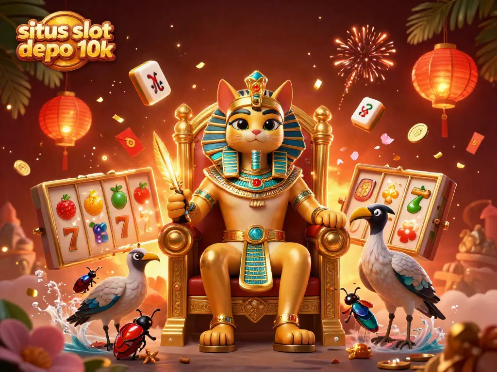 Situs slot depo 10k showcases vibrant 3D cartoon Egyptian pharaoh cat amidst thrilling slot game elements