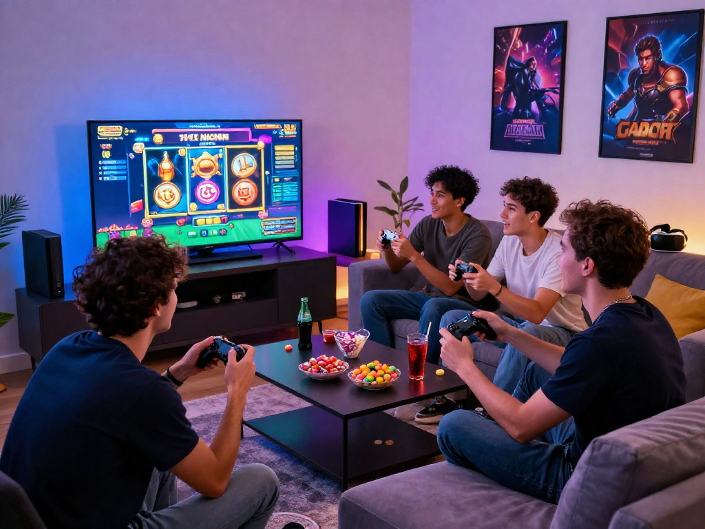 Friends enjoying a gaming night, focused on slot gacor game, vibrant atmosphere.