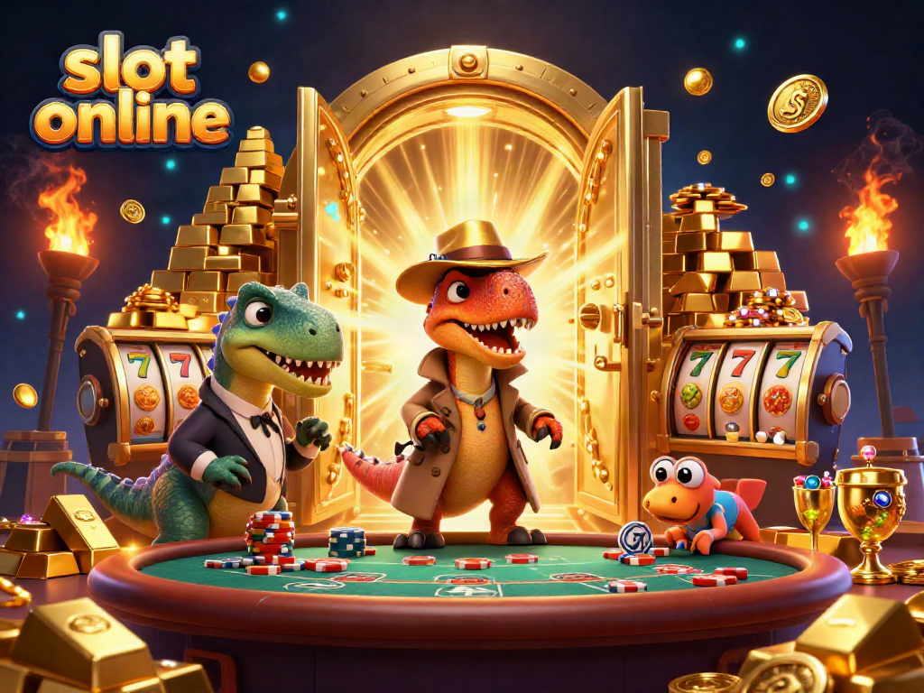Engage with slot online action as a velociraptor card counter and friends at a vibrant casino scene.