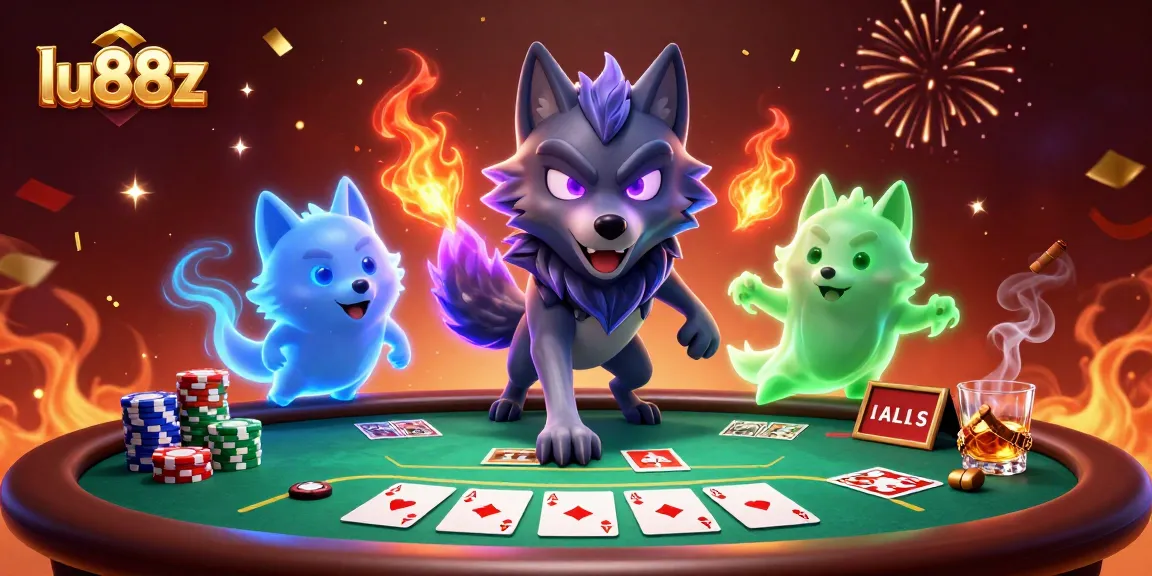 lu88z captivates players with a vibrant casino scene featuring poker elements and ghostly wolves.