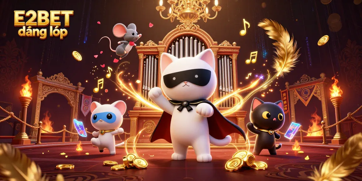 E2BET đăng nhập captivating players with rich casino-themed illustration featuring a mystical cat and acrobatic mouse.