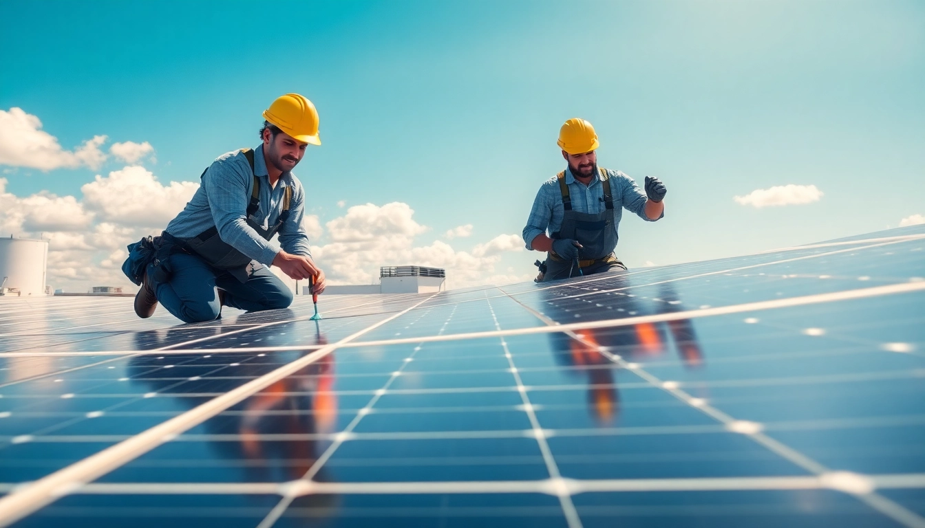 Technicians performing commercial solar maintenance New Jersey on a rooftop installation, ensuring efficiency and longevity.