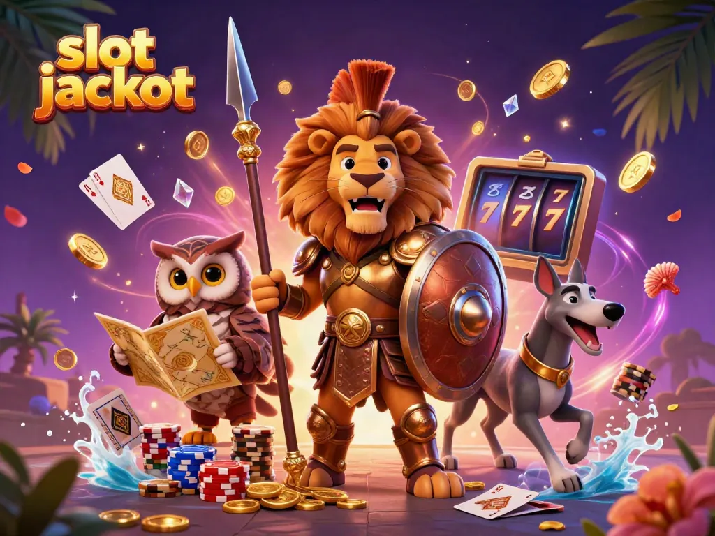 Winning a slot jackpot with a courageous lion, wise owl, and swift greyhound amidst casino riches.