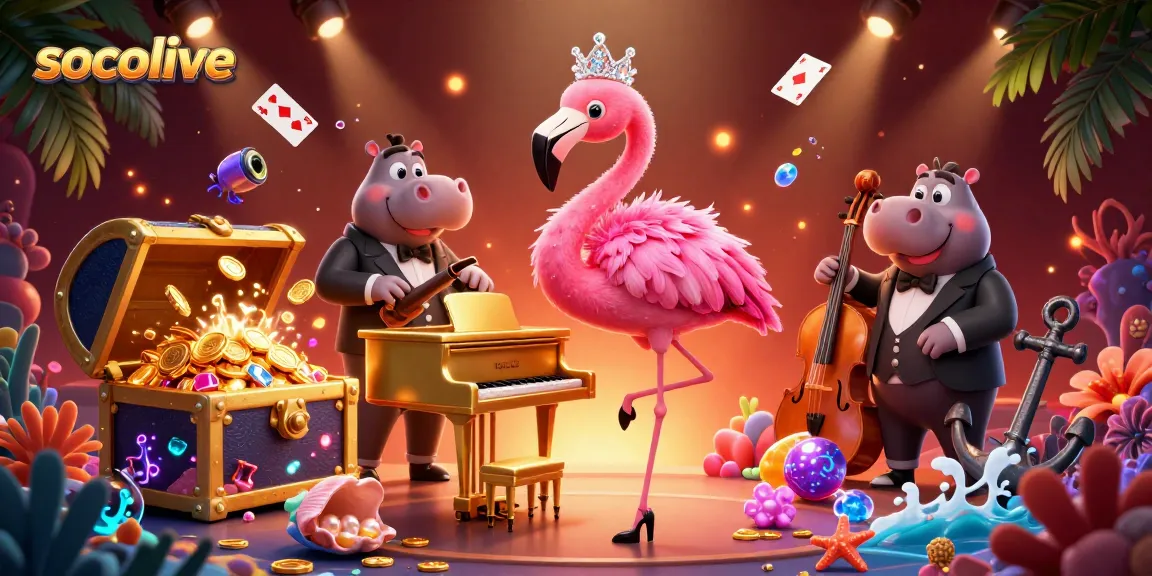 Socolive entertains online gamblers with a vibrant scene of a flamingo singer, hippo bassist, and dynamic casino elements.