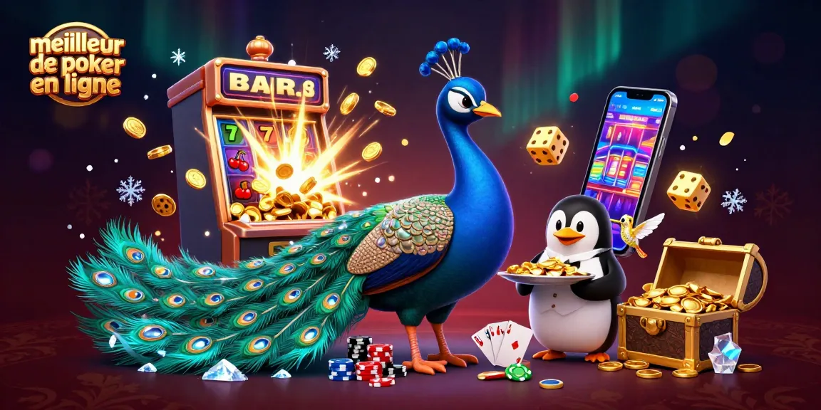 Visuel dynamique mettant en scène le meilleur site de poker en ligne avec une illustration d'un paon aristocratique et un pingouin portant des jetons d'or.