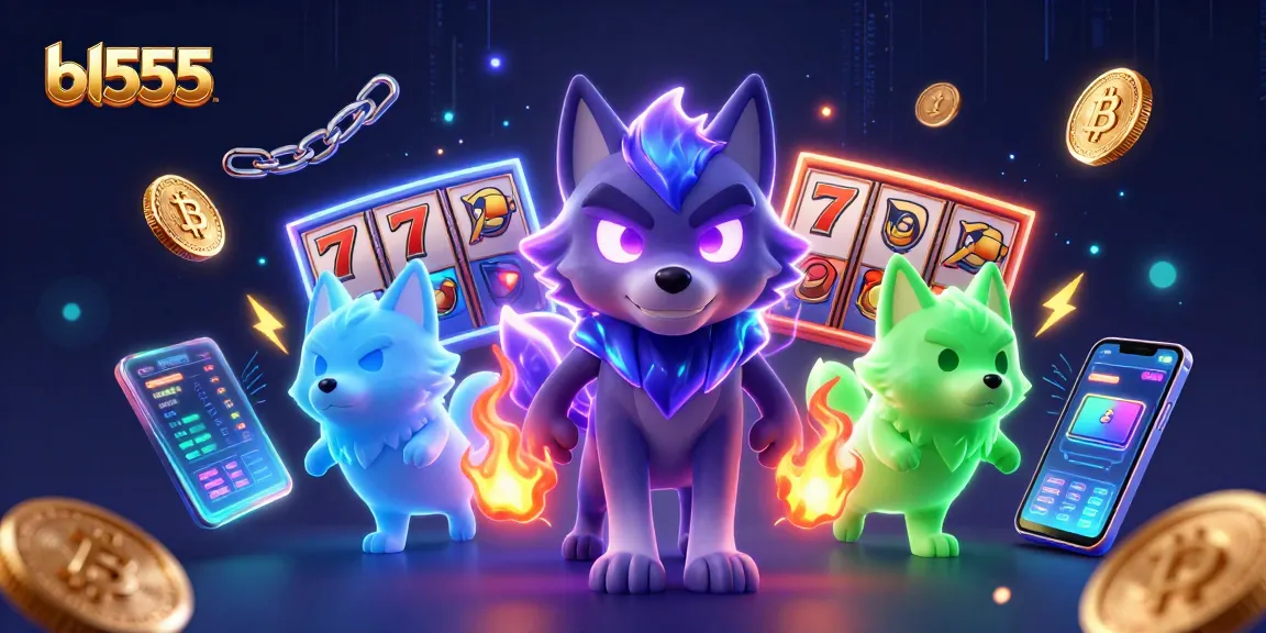 Experience the dynamic gameplay of bl555's slot games with engaging characters and vibrant cryptocurrency elements.