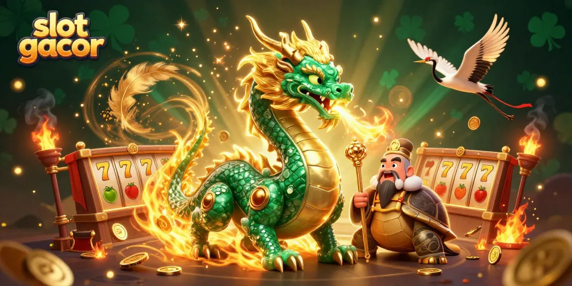 Spin the reels with slot gacor featuring a majestic jade dragon and lucky symbols in a vibrant casino scene.