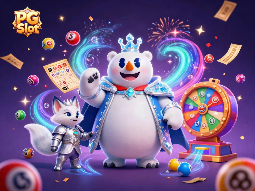 Menangkan PG Slot dengan ilustrasi 3D raja beruang kutub dan rubah bersinar, dikelilingi elemen kasino.