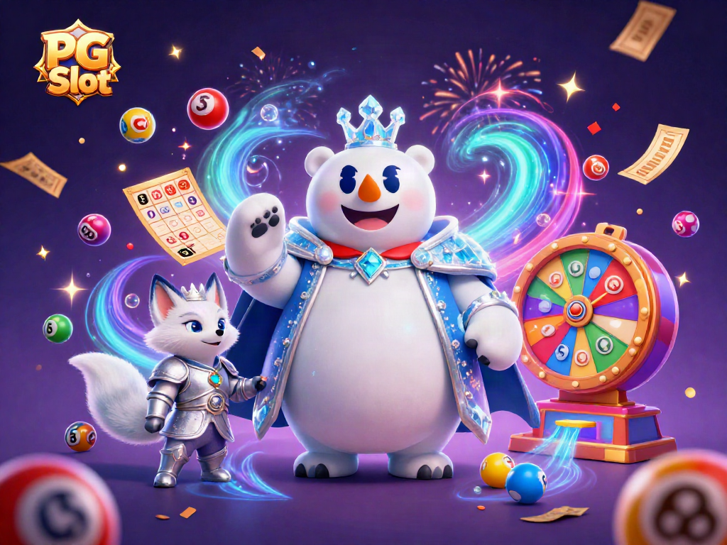Menangkan PG Slot dengan ilustrasi 3D raja beruang kutub dan rubah bersinar, dikelilingi elemen kasino.