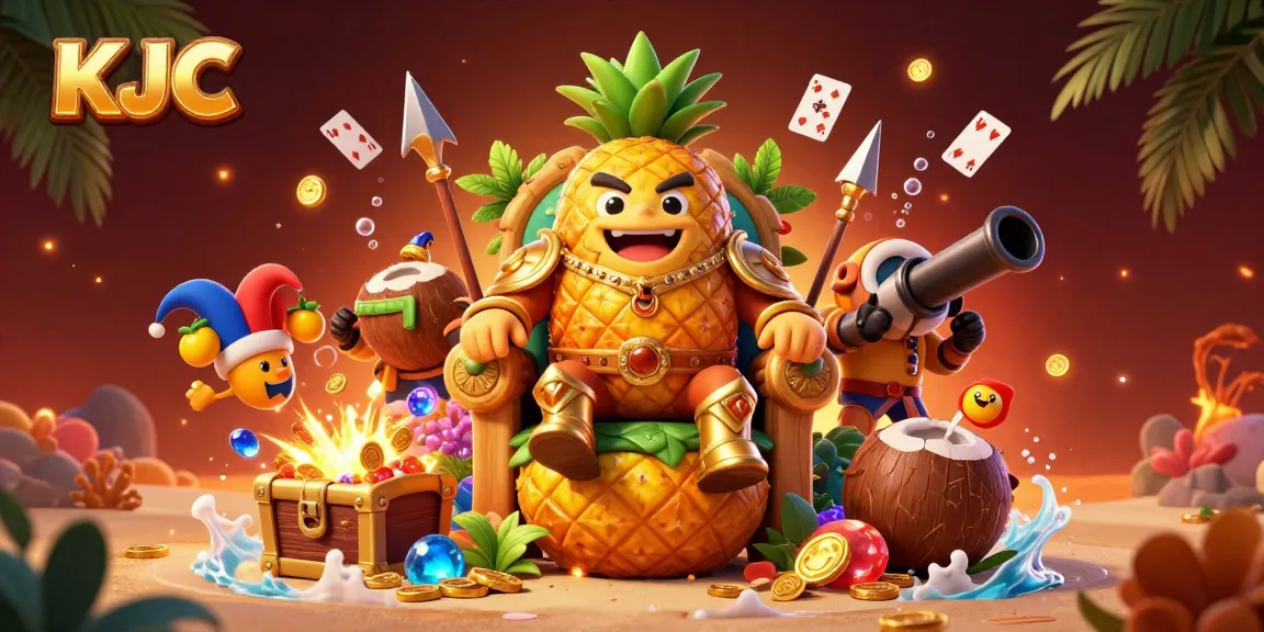 KJC features a dynamic scene with a golden pineapple king, coconut guards, and jester in a vibrant beach casino.