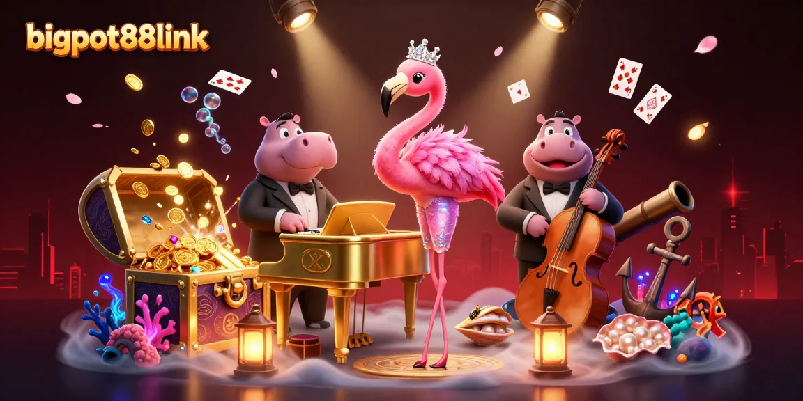 Experience bigpot88link excitement at a vibrant casino scene with animated characters and treasures!