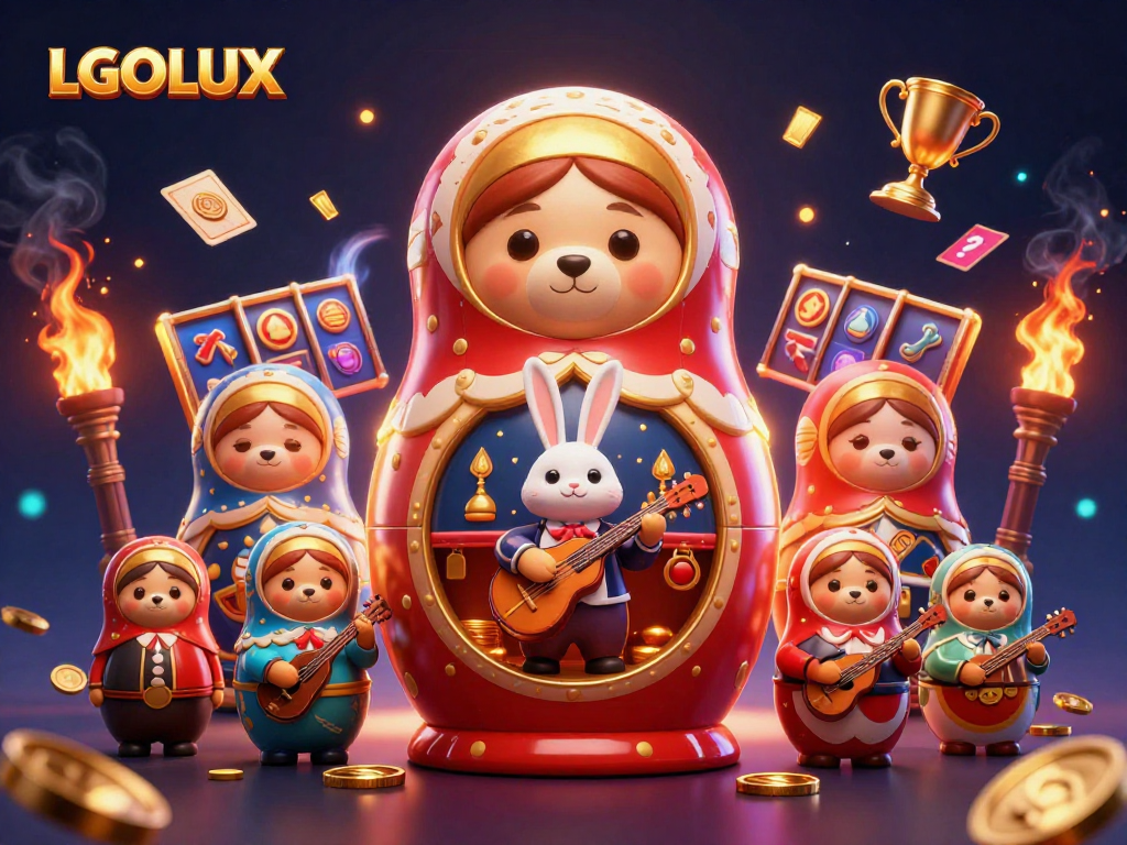 Experience the excitement of LGOLUX with vibrant slots and dynamic elements in a 3D illustrated scene.