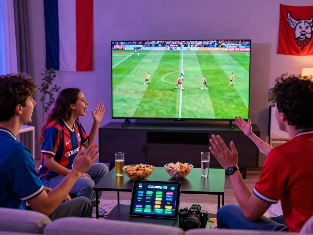 Menonton pertandingan olahraga di ruang tamu menggunakan GLOWING88 untuk streaming langsung.