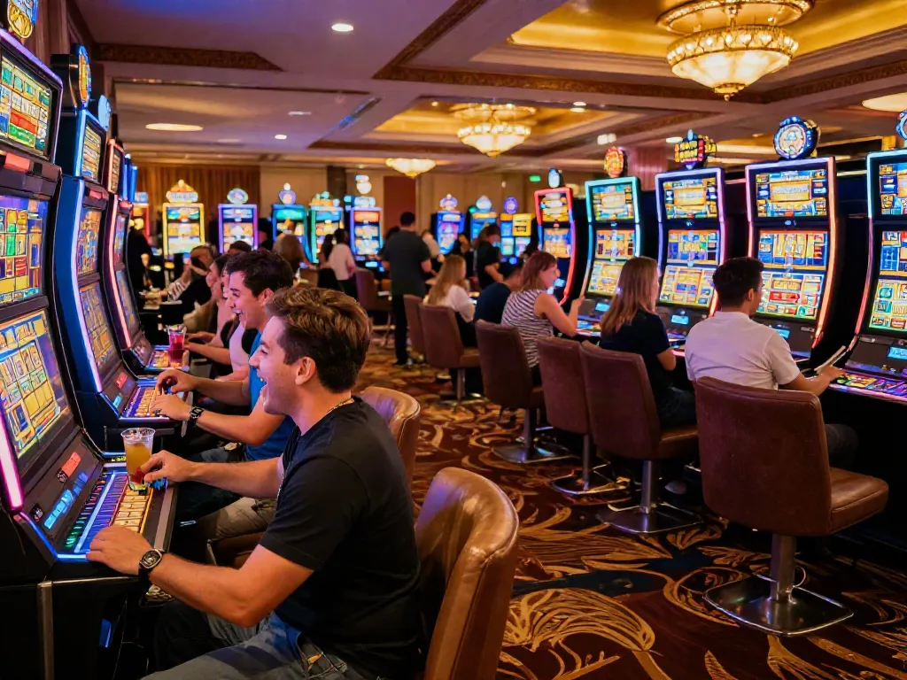 Engaged players enjoying slot gacor machines in a lively casino atmosphere.