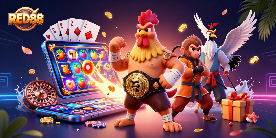 Engage with RED88's vivid illustration of Muay Thai rooster, Shaolin monkey, and wise crane amidst dynamic casino elements.
