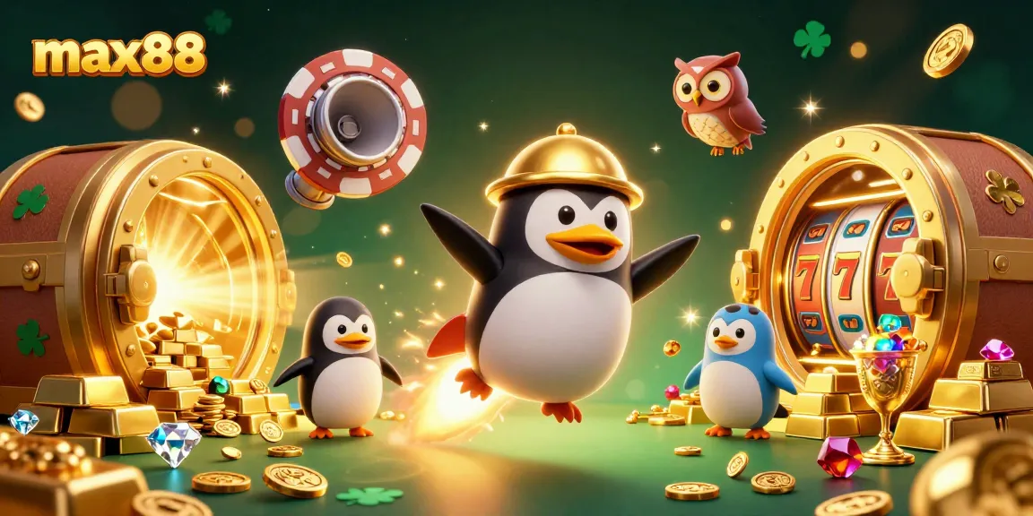 Experience max88's thrilling slots with a golden penguin in space and rich treasure elements.