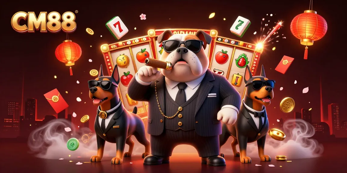 Experience CM88's vibrant casino atmosphere with a cartoon bulldog mafia boss and dynamic gaming elements.