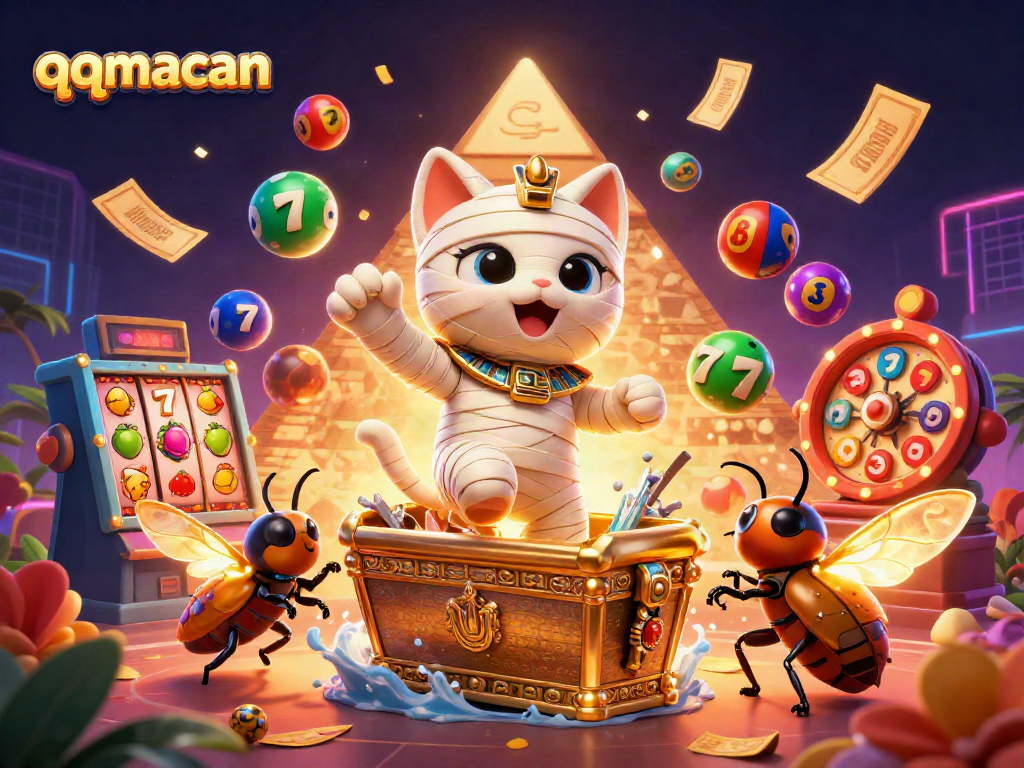 Engage with qqmacan’s thrilling casino illustration showcasing vibrant lottery and slot elements.