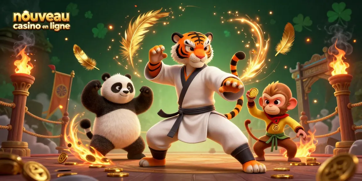 Illustration dynamique présentant le nouveau casino en ligne avec un tigre maître de kung-fu et des personnages ludiques.