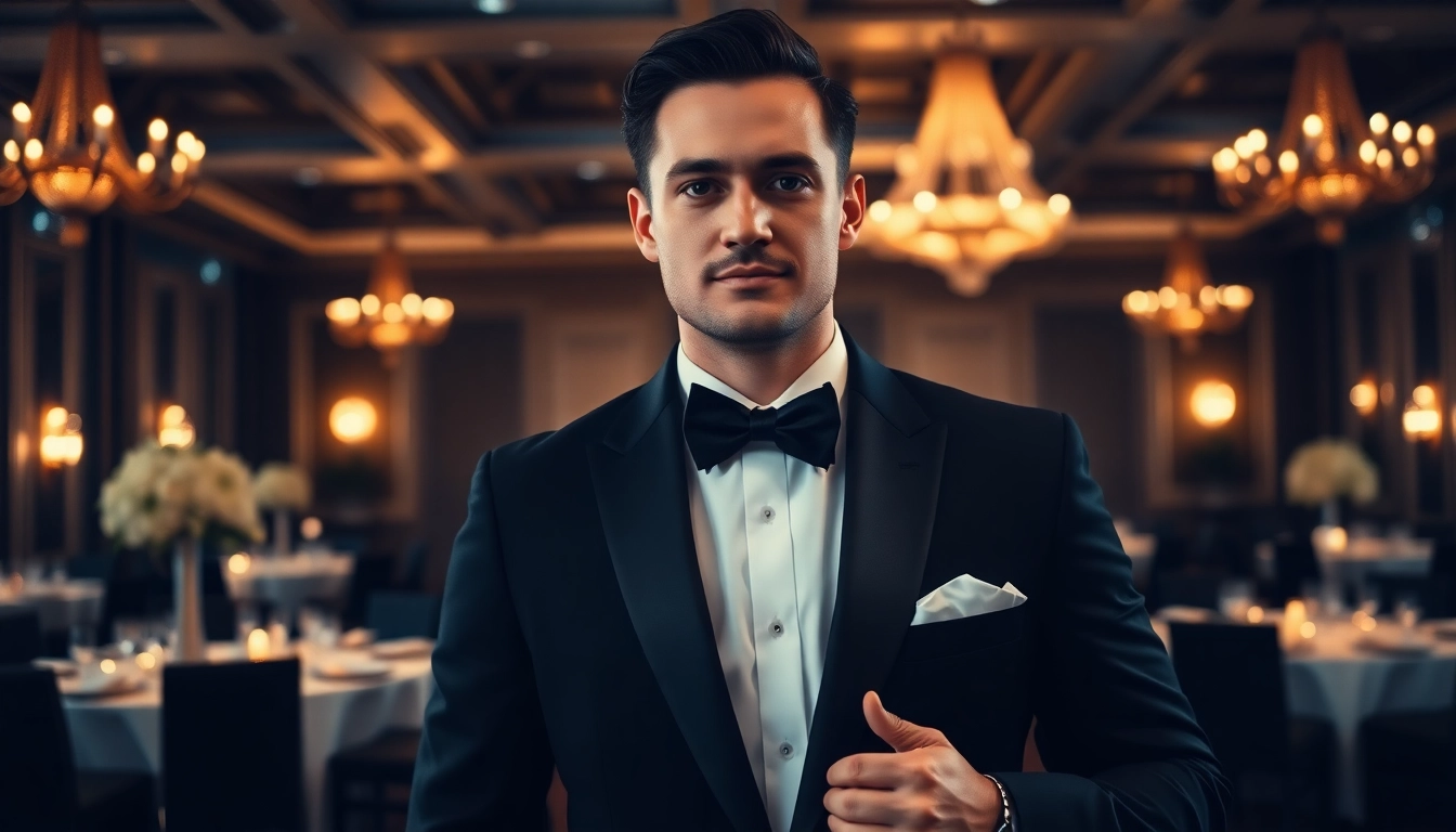 Showcasing a man in men's black formal attire adjusting his bow tie in an elegant ballroom.