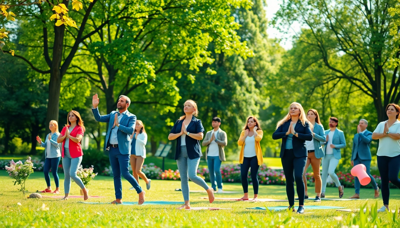 Promoting a Healthy Life through group yoga in a serene park environment.