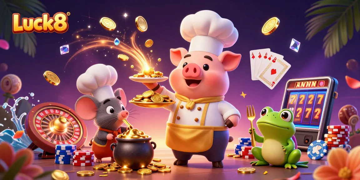 Catch the excitement of Luck8 as the chef pig serves gold coins, showcasing a vibrant casino scene.