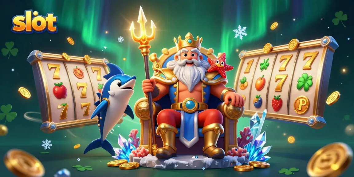 Experience thrilling slot action with Neptune and vibrant symbols in this engaging illustration.