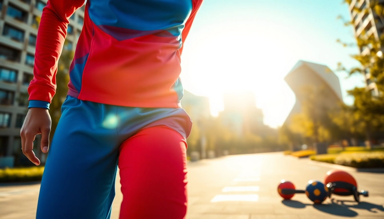 Showcasing active lifestyle with vibrant sportswear in an urban park setting.