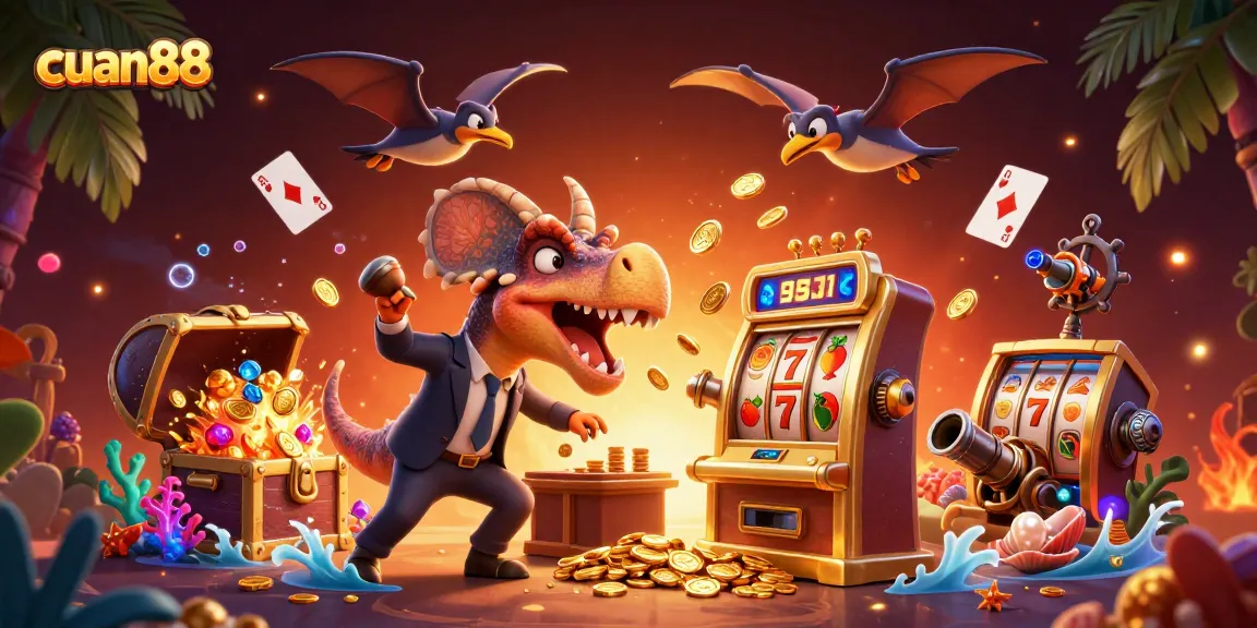 cuan88 menampilkan dinosaurus kartun sedang menyerang mesin slot emas dengan koin jackpot terbang