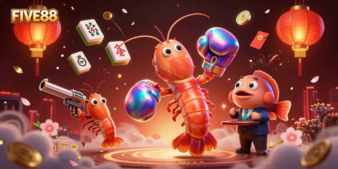 Experience excitement at FIVE88 with vibrant characters and casino elements in a dynamic illustration.