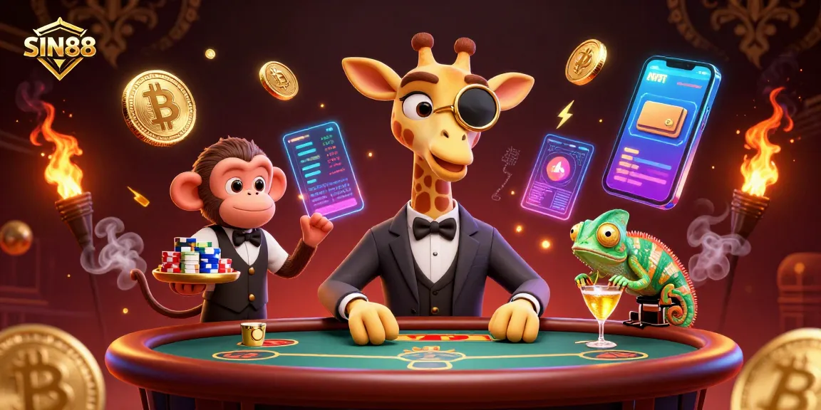 SIN88 showcases a high-roller giraffe, monkey valet, and chameleon bartender amid vibrant crypto elements.