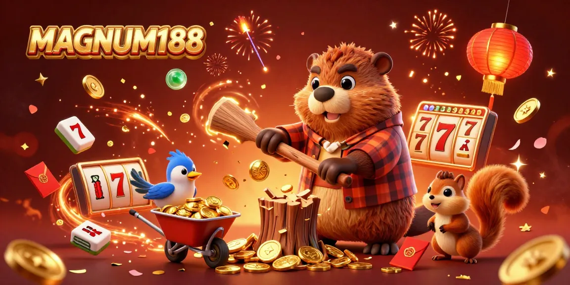 Celebrate wins with MAGNUM188 in vibrant 3D illustration of a beaver collecting golden coins with luck symbols.