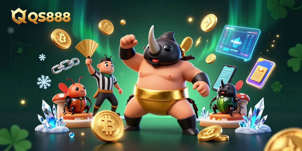 Engage in thrilling gameplay at QS888 with a vibrant 3D illustration of a sumo champion beetle, surrounded by digital coins.