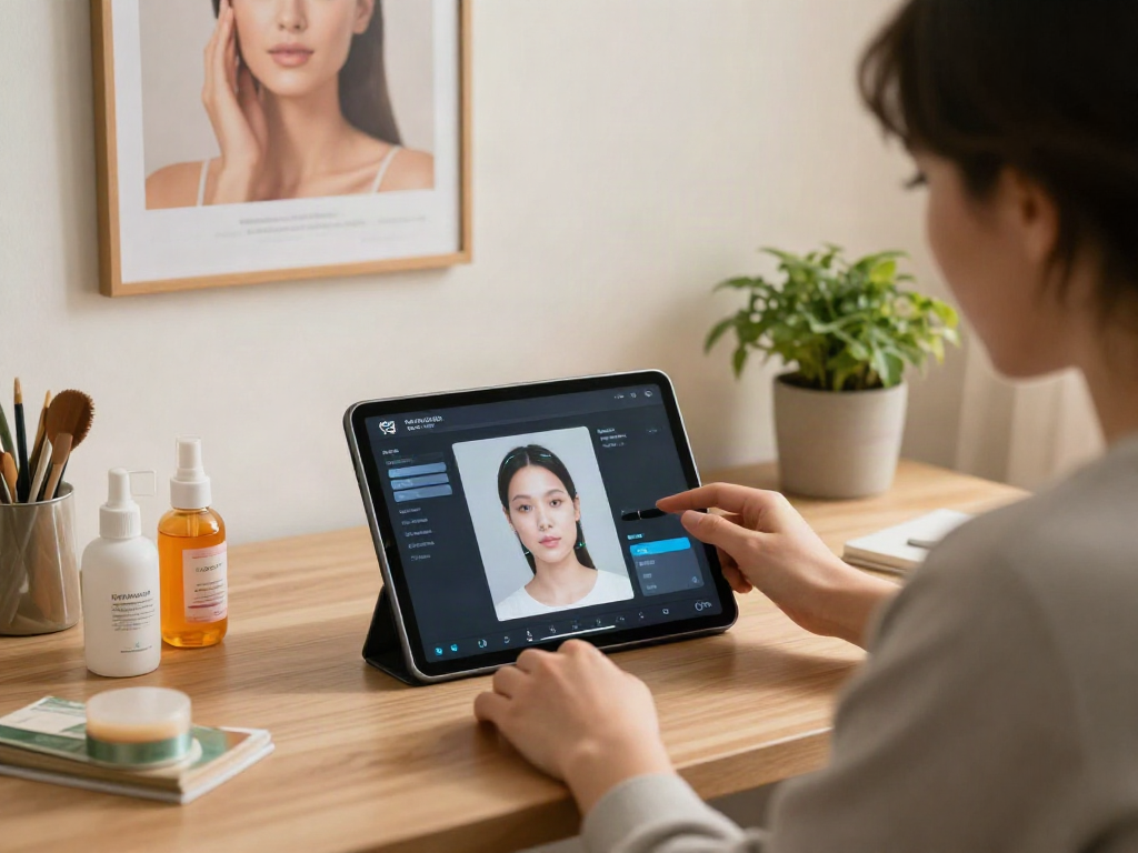 Alternatives to QOVES explored through an AI facial analysis app in a cozy home office.