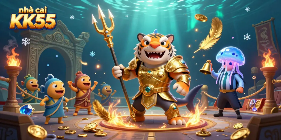 Experience the excitement at nhà cái KK55 where the 3D cartoon tiger shark battles in an epic underwater casino.