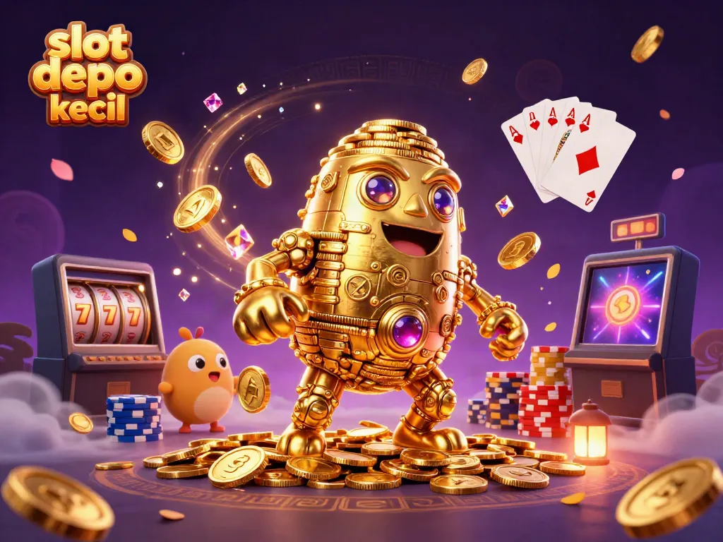 Engage with slot depo kecil in this vibrant 3D casino scene filled with dynamic elements and golden treasures.