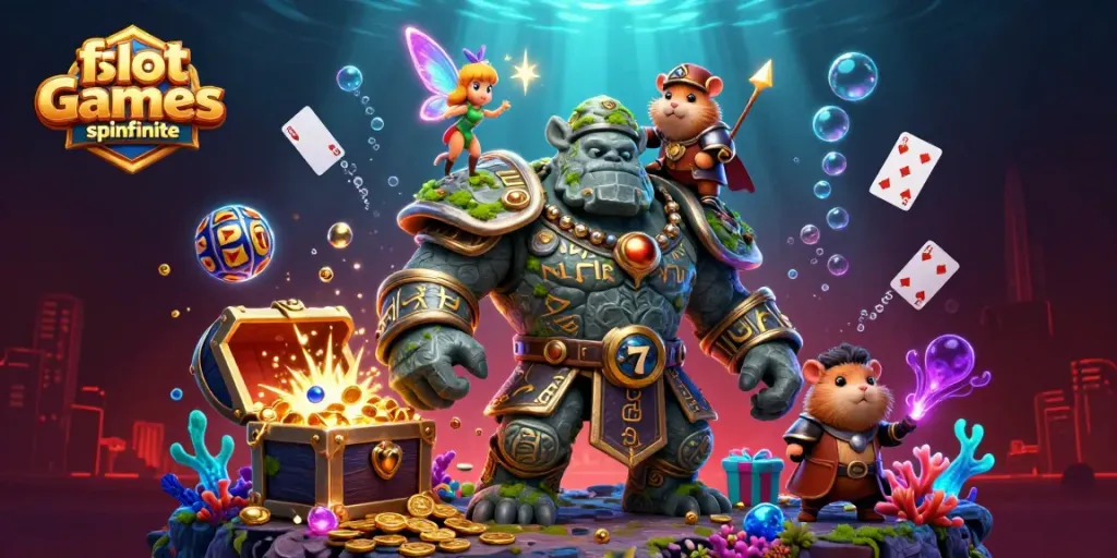 Play free slot games with bonus spins spinfinite featuring an ancient golem, fairy, and hamster knight.