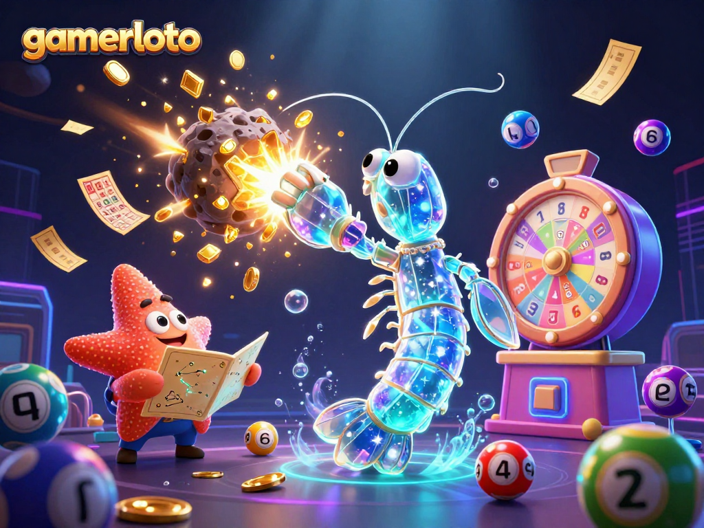 Experience gamerloto excitement as galactic characters and dynamic lottery symbols surround vibrant casino action.