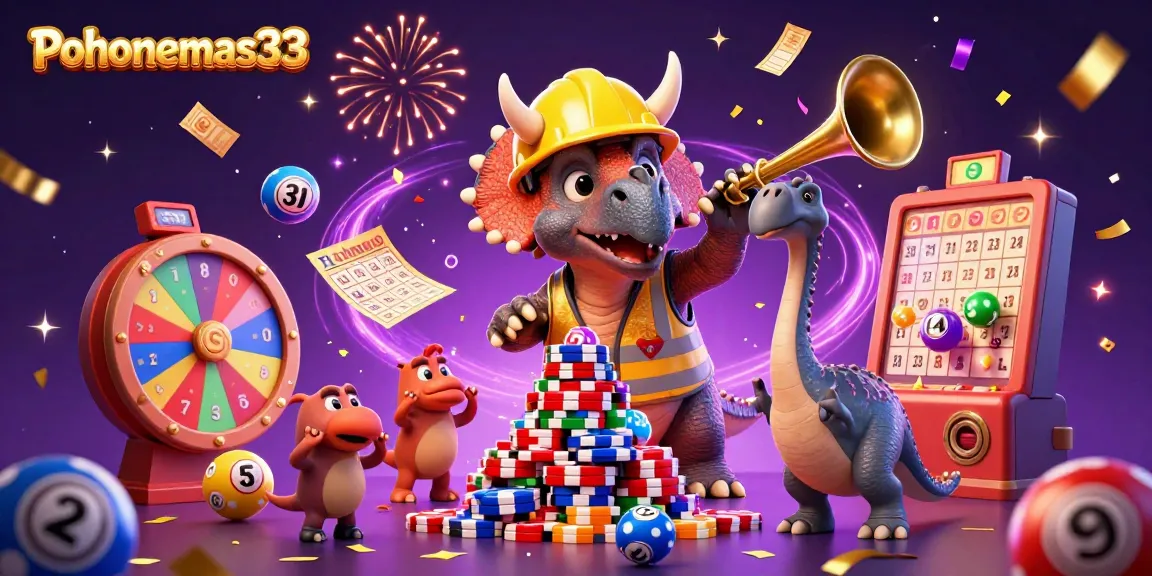 Pohonemas33 celebrates as a cartoon triceratops builds poker chip pyramid amid colorful lottery elements.